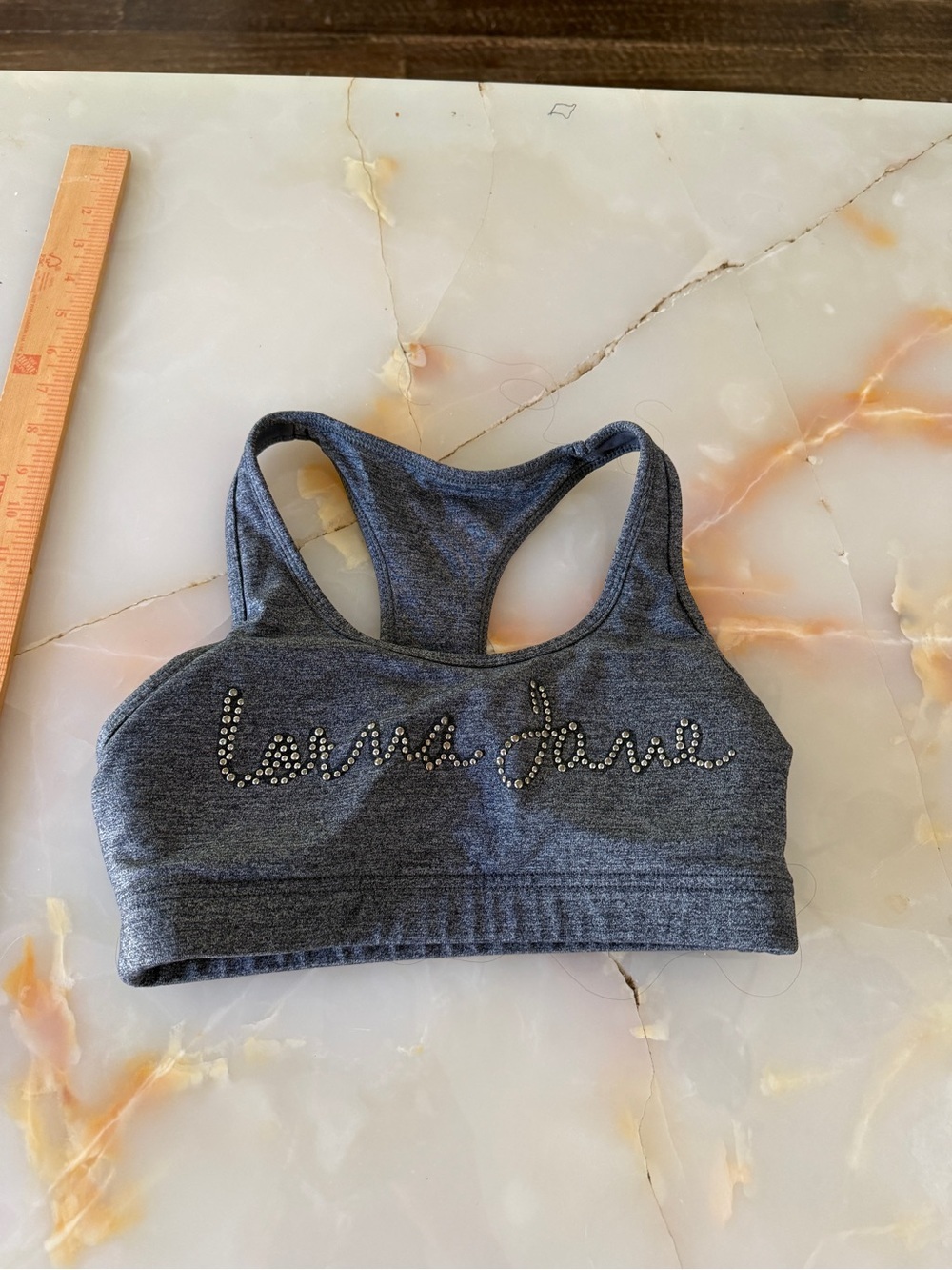 Lorna Jane Heather Gray Rhinestone Logo Sports Bra
